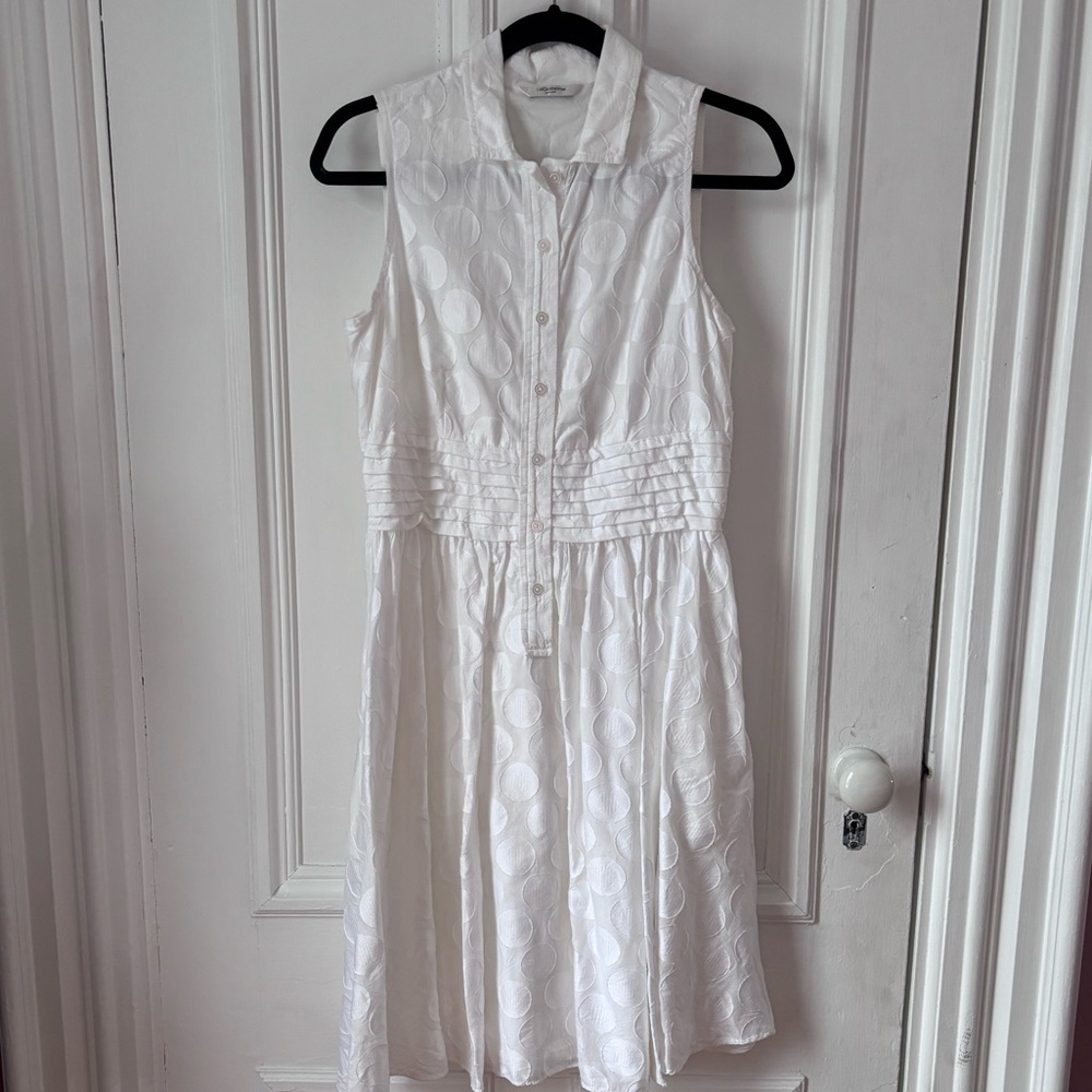 Liz Claiborne Sleeveless Collared Shirt Dress Clip Dot Jacquard,Pleated Waist 8